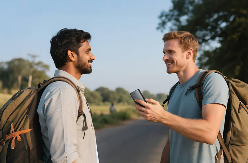 2 men communicating by using a  Timekettle NEW T1 Handheld translator
